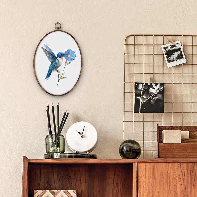 DILSJ Blue Hummingbird Floral Oval Wall Art Decor, Bird Hummingbird Canvas Wall Art Framed, Rustic Farmhouse Bird Flower Hanging Decorations for Home Living Room Bedroom, 11x8.5 Inch