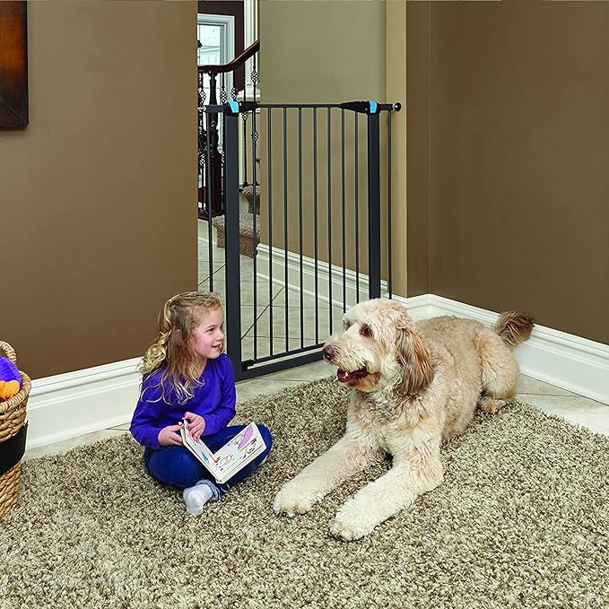 MidWest Homes for Pets 39 Inches Tall Walk-Though Steel Pet Gate, Pressure Mounted Dog Gatewith Glow Strip Measures 29-38 Inches Wide & Includes Two 3-Inch-Wide Extensions, Graphite