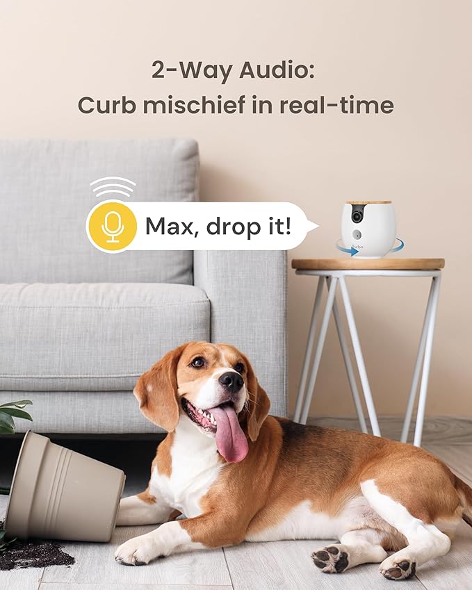 Furbo Mini 360° 2K QHD Pet Camera + Power Adapter: Dog & Cat Rotating Treat Dispenser w/Phone App, Smart Cam w/2-Way Speaker & Night Vision. No Subscription Needed. Standard See, Talk, & Toss Features