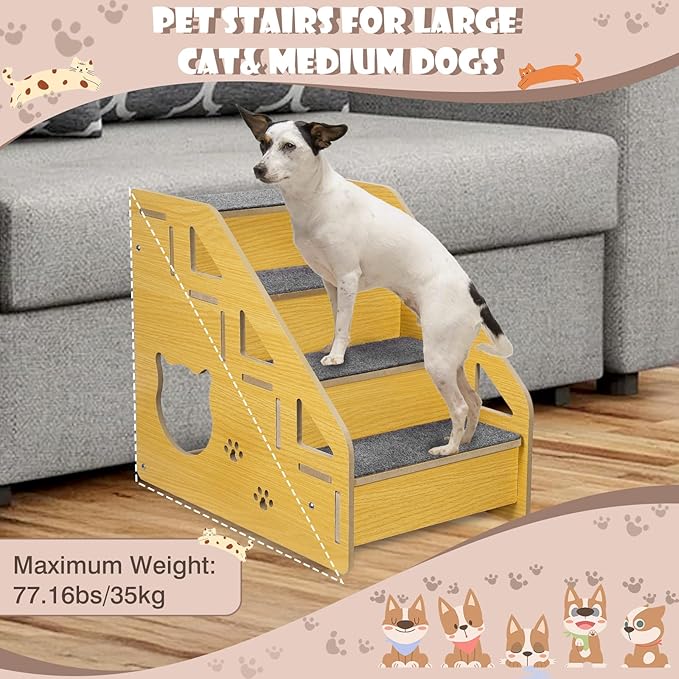Dog Stairs for Small Dogs, 4-Step Dog Steps for Beds or Couches, Wood Pet Stairs for Small Pets, 15" H Cat Stairs for Doggie,Old Cats, Small Animals