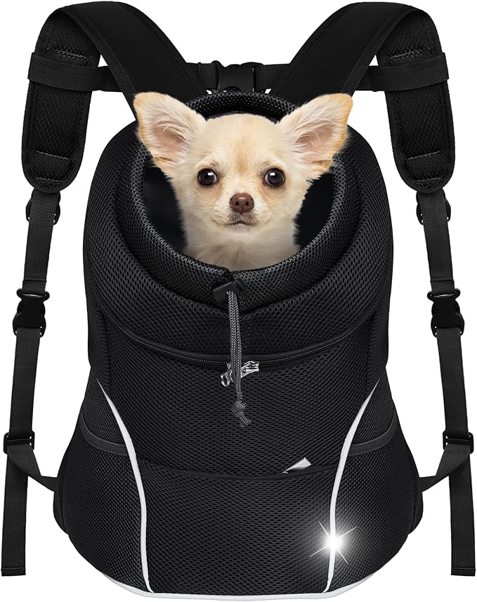 YUDODO Dog Front Carrier Backpack, Adjustable Breathable Pet Carrier for Small Dogs, Ventilated Puppy Back Pack with Safety Belt, Lightweight Doggy Backpack for Hiking Outdoor(Jet Black, L:9-13.5 lbs)