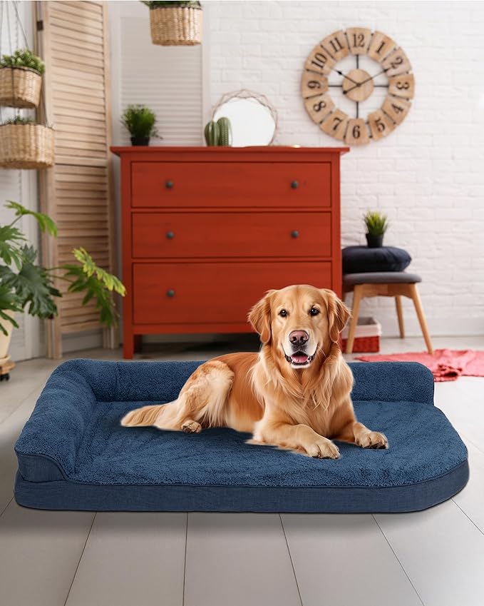 30'' x 20'' x 3.2'' L-Shaped Orthopedic Dog Beds, Small Dogs Bed with Removable Cover and Nonskid Bottom, Navy Blue