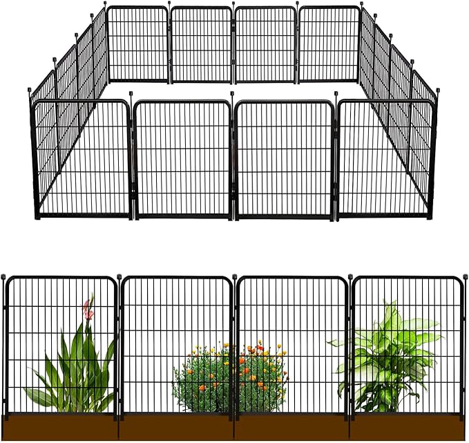 Doorless Animal Barrier Fence, 40in(H) 14 Panels Total 31 Ft(L), Garden Fences and Borders for Dogs, Anti Dig Fence Barrier, Black Metal Decorative Garden Fencing, Flower Bed Fencing