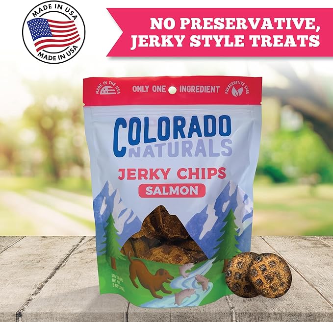 Colorado Naturals Salmon Jerky Chips Dog Treats, 6 oz – All-Natural, Made in USA, No Fillers or Preservatives – Wild Alaskan Caught, Rich with Omega-3
