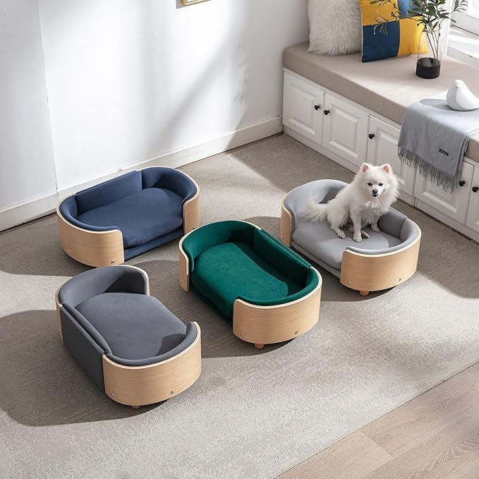 Scandinavian Style Elevated Dog Bed, Pet Sofa with Solid Wood Frame & Walnut Bent Wood Back, Orthopedic Support, Removable Washable Velvet Cover, Small Size, Dark Gray