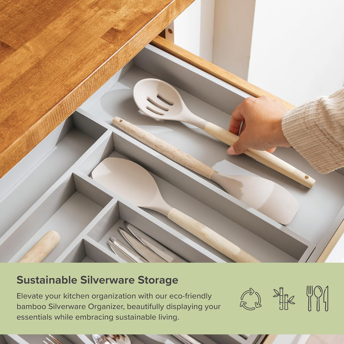 KitchenEdge Silverware & Utensil Drawer Organizer, 18-33 in, Gray Bamboo