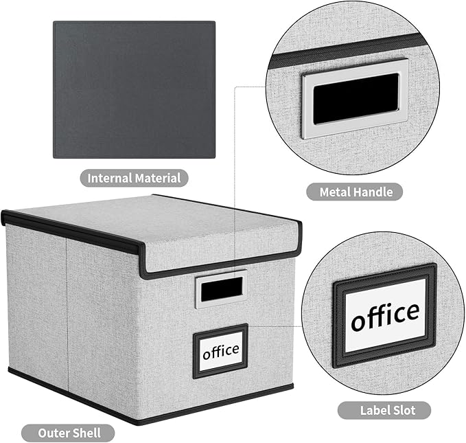 Huolewa Upgraded Portable File Organizer Box with Lid, Collapsible Linen Hanging Filing Storage Boxes with Plastic Slides, Decorative Home/Office Filing System Box for File and Folders Storage (Gray)