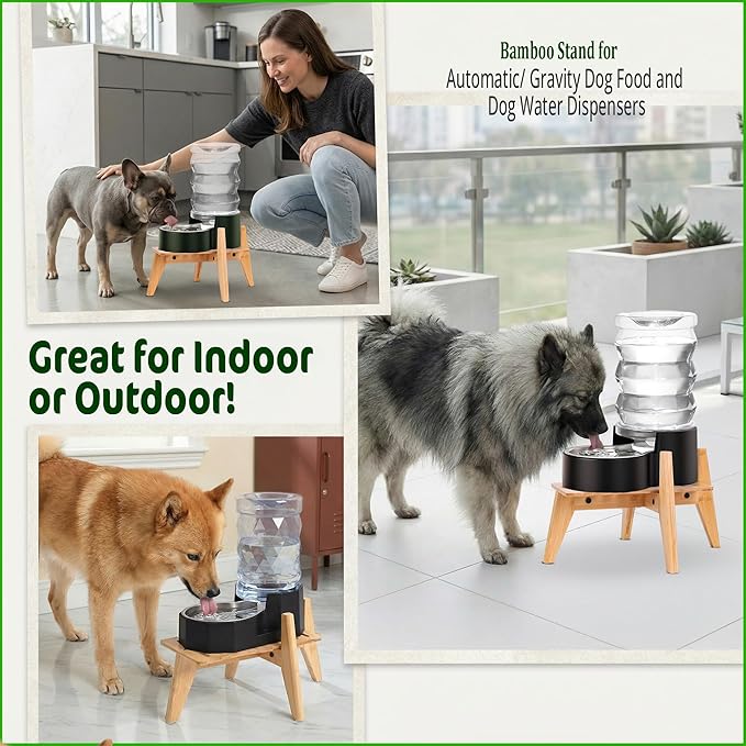 Dog Water Bowl Dispenser Stand - Elevate/Raise Automatic Dog Feeder, Food/Water Dispensers - Adjustable, Fits Various Shapes and Sizes - Natural Bamboo