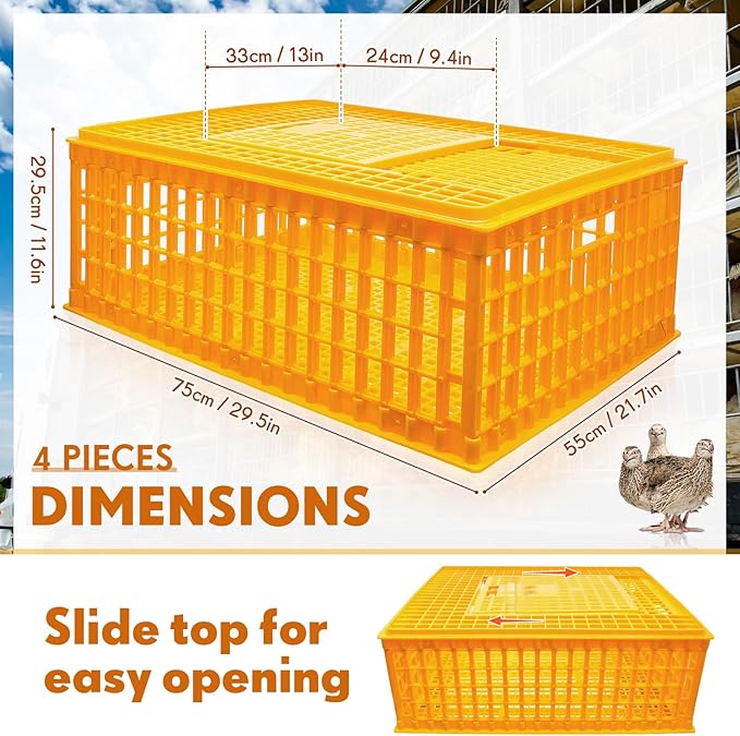 Sintuff 4 Pcs Poultry Carrier Crate Plastic Chicken Transport Cage Bird Carriers Chickens Carrier Travel Crate Basket Box for Poultry Chicken Bird Duck Goose, 29.5 x 21.7 x 11.6 Inch