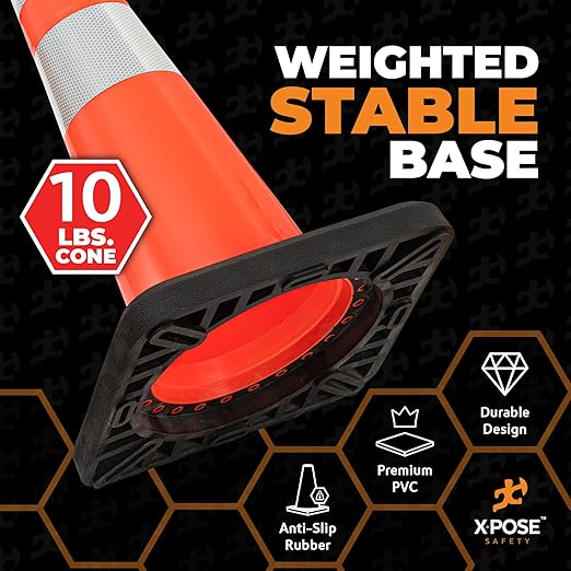 Xpose Safety 28 Inch Orange Slim Line Traffic Cones Heavy Duty 10lb with 6" & 4" Collars, 12 Pack Multipurpose PVC Plastic Safety Cone for Parking, Soccer, Caution, Kids & Construction - DOT Approved