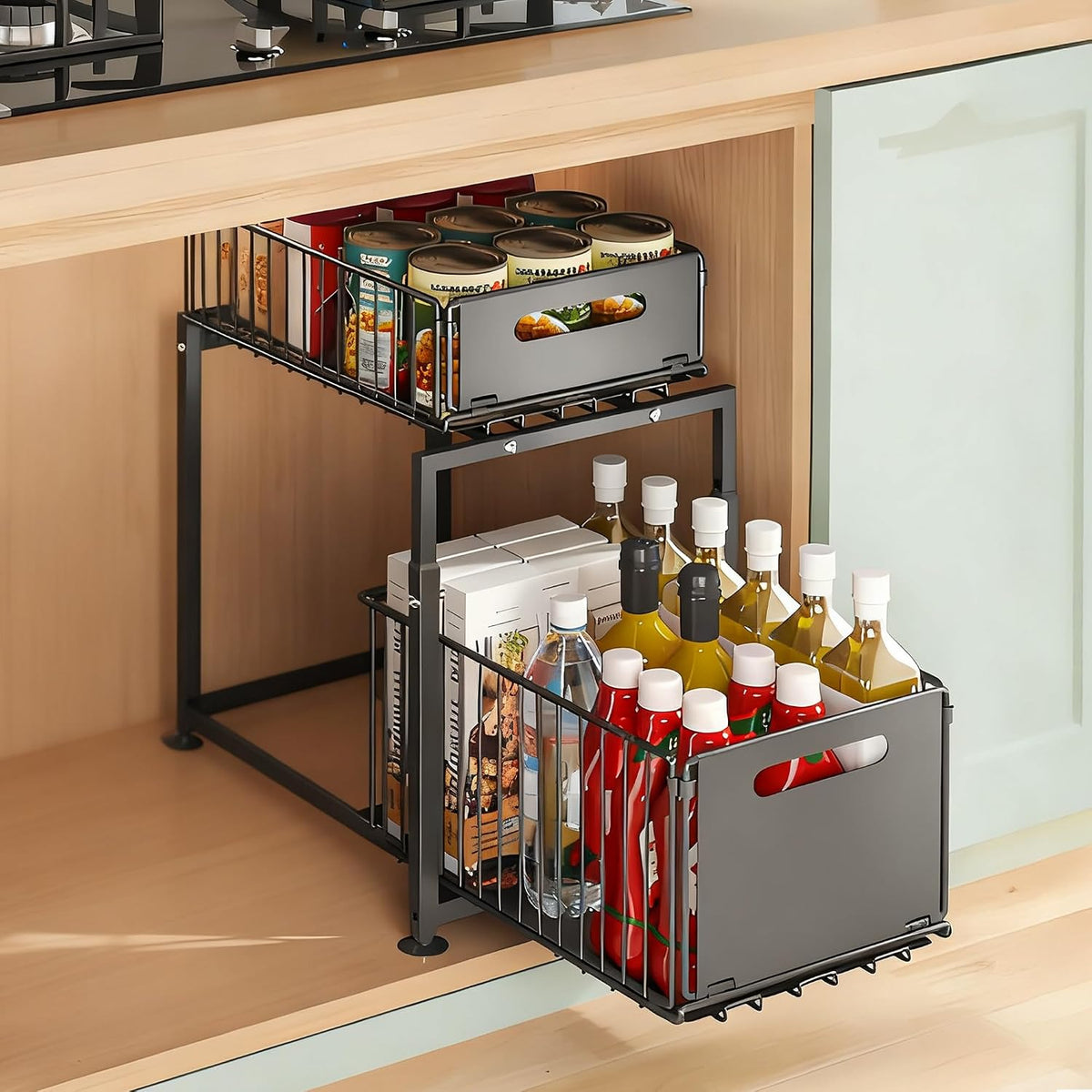 Under Sink Organizer, Pull Out Cabinet Organizer 2 Tier Slide Out Sink Shelf Cabinet Storage Shelves, Under Sink Storage for Kitchen Bathroom Cabinet, Black, 1 Pack