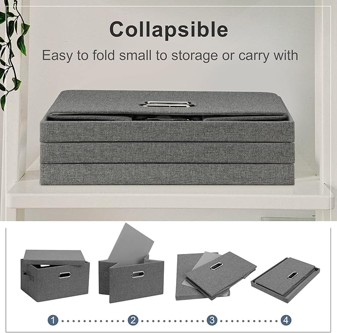 Medium 15" 21 Quart Collapsible Stackable Storage Bins with Lids, 5 Packs Grey Foldable Fabric Closet Boxes Heavy-duty Linen Cube Baskets Container for Bedroom Office (15 x 11 x 8)