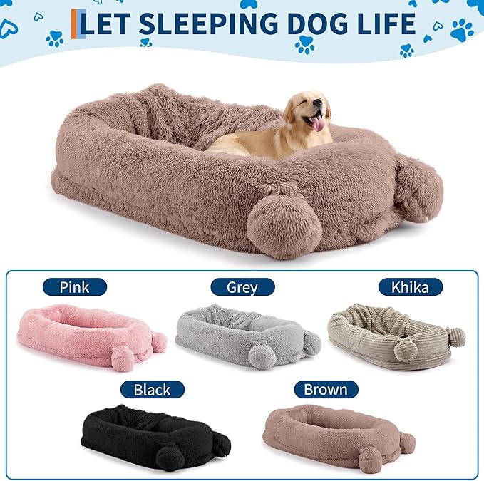 GarveeHome Human Sized Dog Bed, 71" x 45" x 12" Large Dog Bed with 2 Storage Pockets, Fluffy Faux Fur Orthopedic Pet Bean Bed for Adults & Giant Pets - Brown
