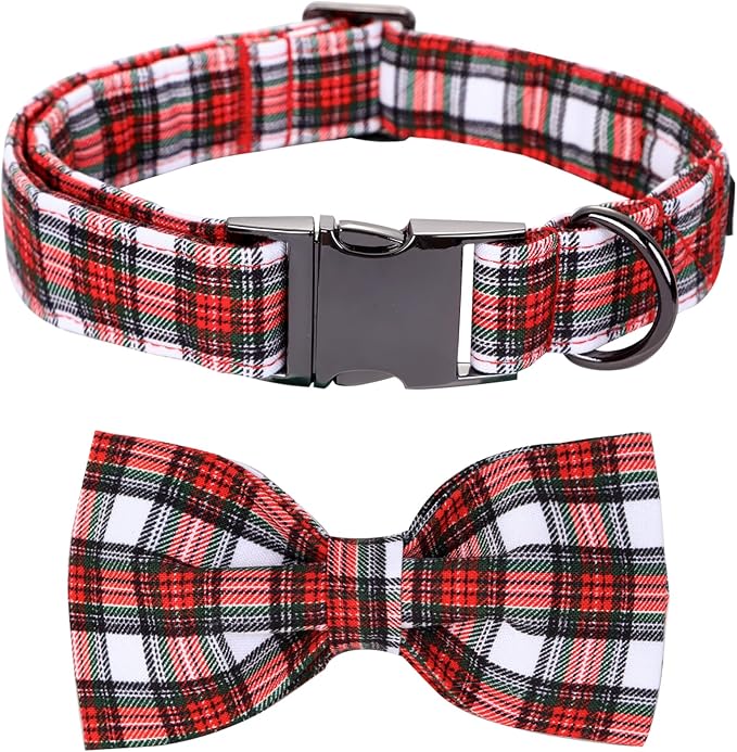 Christmas Dog Collar, Red Plaid Cotton Collars with Bow Adjustable Pet Collar Premium Metal Buckle, Christmas Puppy Necklace for X-Large Girl and Boy Dogs