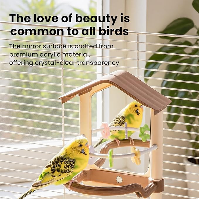 8.1 Inch Pet Bird Mirror with Perch Stand and Parakeet Chew Toys,Parrot Toys Bird Cage Decorative Accessory, Helps Birds Release Stress for Canaries Budgies Lovebirds Conures Cockatiels (Brown)