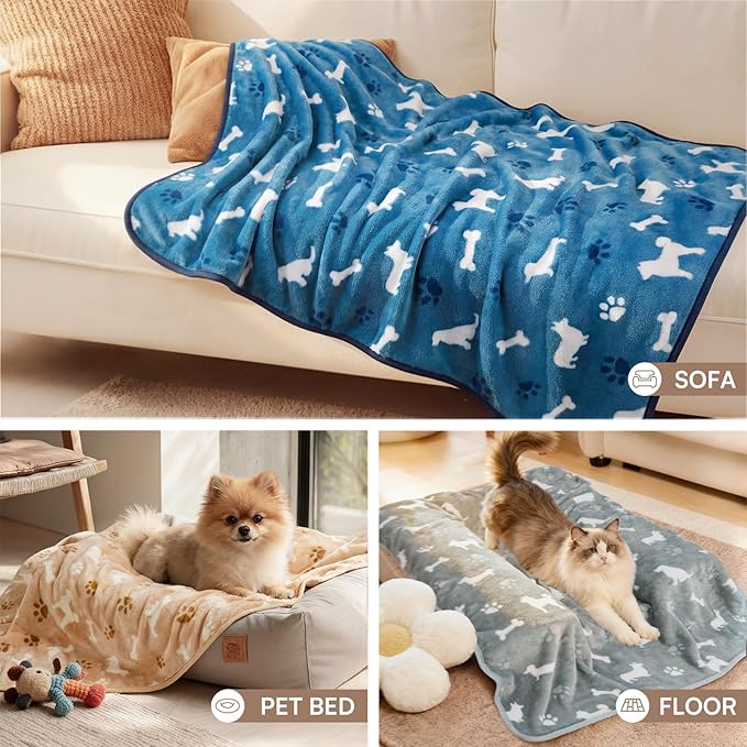 Luciphia 1 Pack 3 Blankets, Cute Dog Printed Fluffy Fleece Pet Blanket for Dogs Cats Washable, Warm Soft Throw Cover for Crate Couch, Gifts Puppy Essentials, Blue/Grey/Khaki, Medium (30x20 inch)