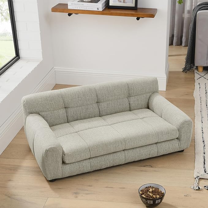 38" Pet Sofa Couch for Small and Medium Dogs, Soft Foam Cushion Dog Couch with Backrest & Armrests, Short Leg Stable Design, Durable Linen Fabric Pet Bed, Modern Style