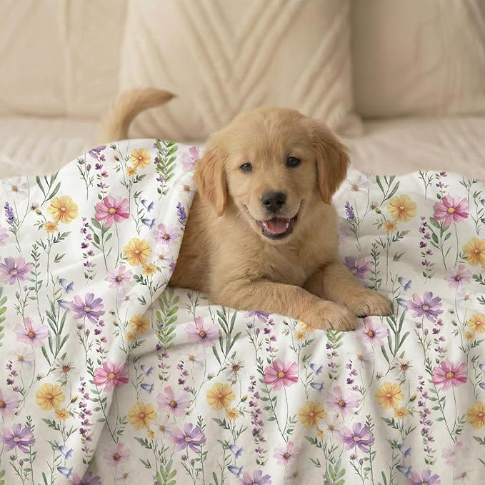 Horaldaily Pets Flannel Blanket, Spring Summer Watercolor Wildflowers Soft Fuzzy Fluffy Plush Cozy Fleece Premium Blankets for Dog Cat Puppy Kitten Couch Protection, 20x30