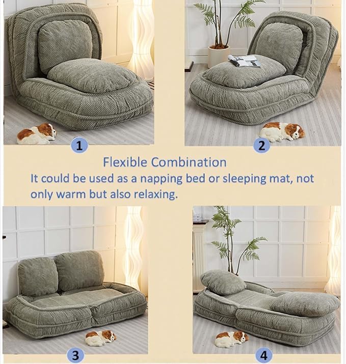 Human Dog Bed for Adult and Kids, Comfy Foldable Lazy Floor Sofa Bed with 5 Adjustable Position, Grey Upholstered Floor Bean Bag Lounger Chair for Bedroom, Living Room,Office (Green)