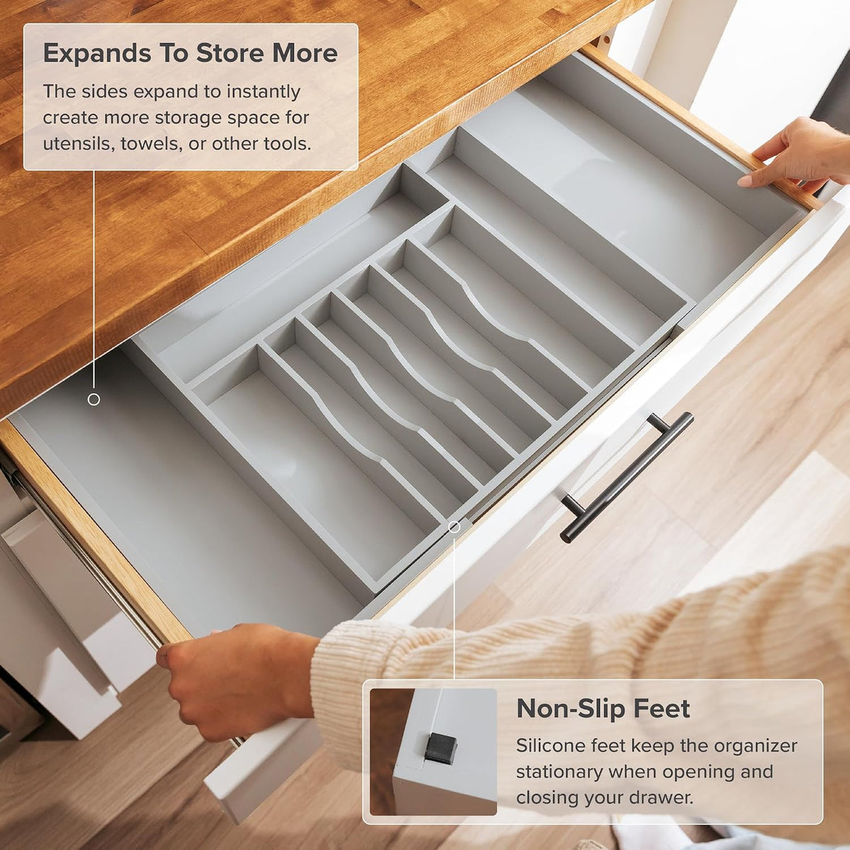 KitchenEdge Silverware & Utensil Drawer Organizer, 18-33 in, Gray Bamboo