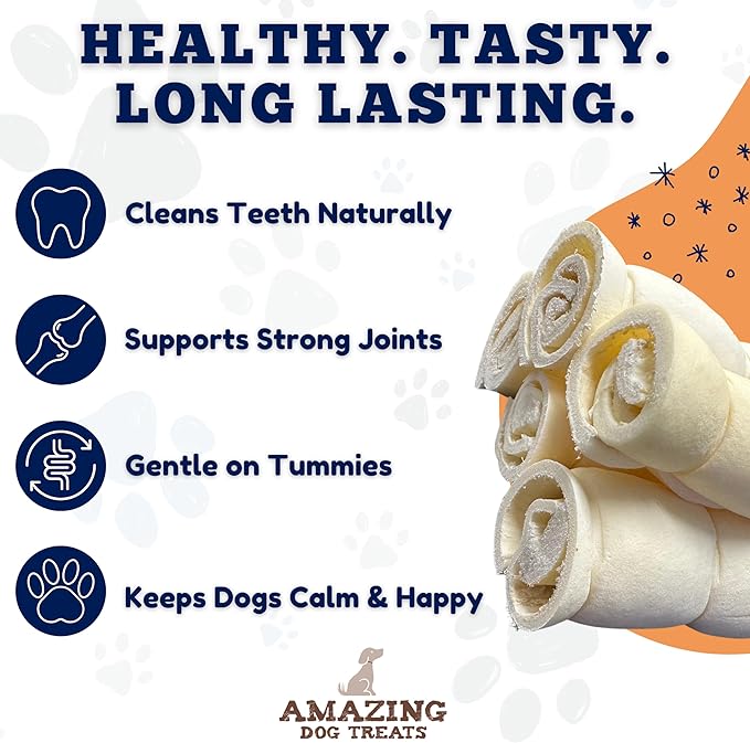Amazing Dog Treats - Beef Cheek Rolls (Mega Thick 4" - 6 Pcs) - Safe Rawhide Alternative Dog Chew - Great for Power Chewers - Long Lasting Dog Chew - Retriever Rolls for Dogs
