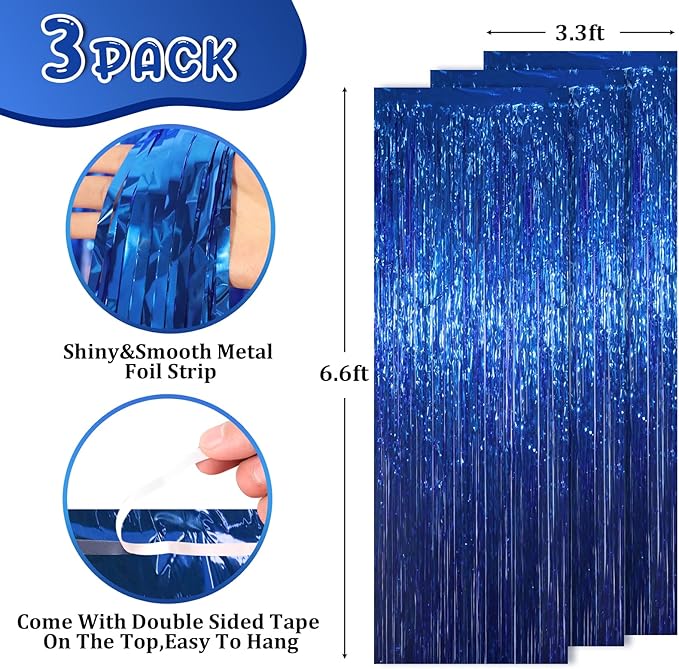 3 Pack 3.3x8.2 Feet Blue Foil Fringe Backdrop Curtains, Tinsel Streamers Birthday Party Decorations, Fringe Backdrop for Graduation, Baby Shower, Gender Reveal, Disco Party