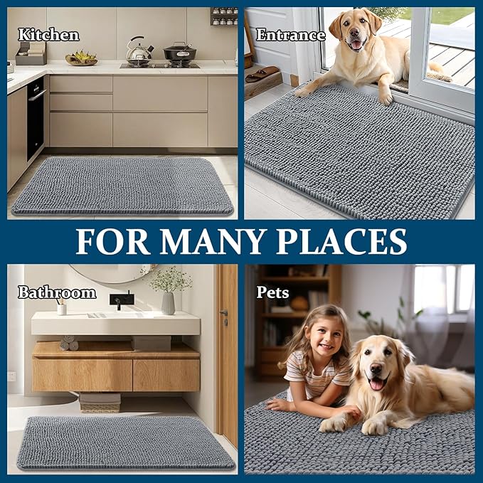 OLANLY Dog Door Mat Set 4-Piece 24x16, Absorbs Moisture and Dirt, Absorbent Non-Slip Washable Doormat, Quick Dry Chenille Mud Mat for Dogs, Entry Indoor Entryway Carpet for Inside Floor, Grey