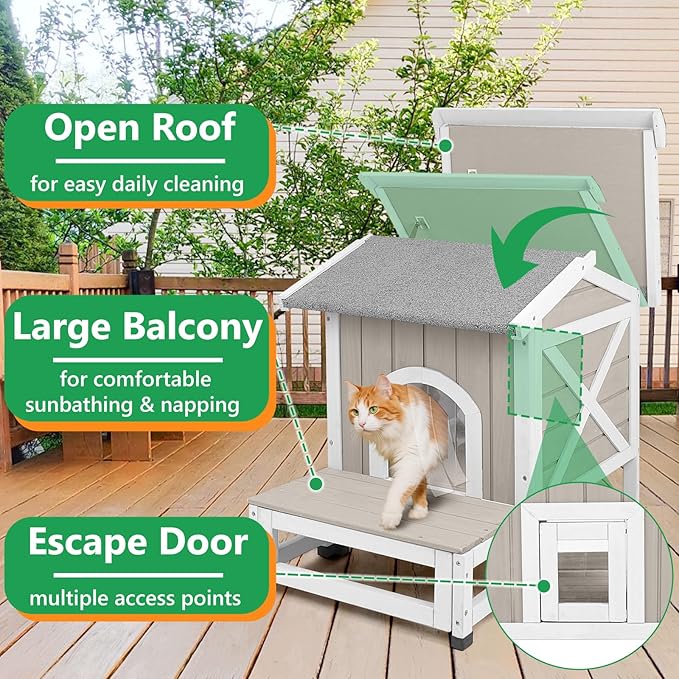 PetsCosset Outdoor Cat House Weatherproof with Balcony Feral Cat Shelter for Outside, Wooden Pet House with Openable Roof, Raised Base, Escape Door