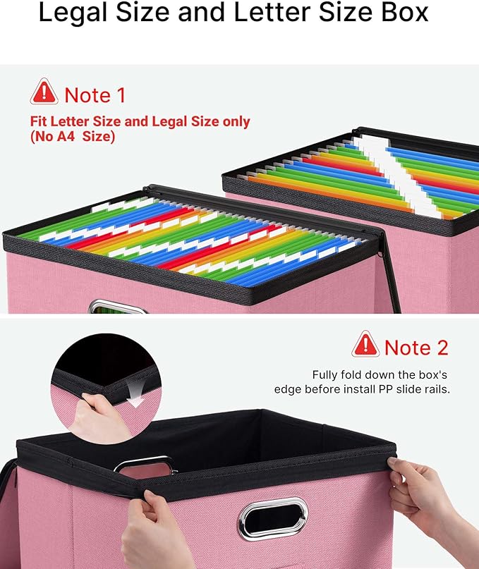 Oterri 2 Pack Large File Organizer Boxes with Lids, File Box with Mesh Pockets, Document Organizer Box for Legal/Letter Size Folders, Zippers Important Document Organizer (Pink, Without Folders)