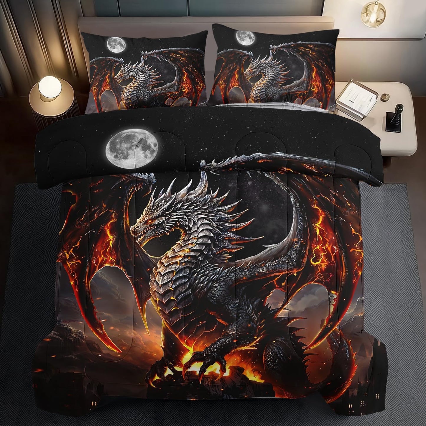 Black Dragon Comforter Set Twin Adult,Flame Dragon Bedding Set for Boys,Magical Beast Bedding Fantasy Animal Comforter Beedroom Decor,Magical Beast Quilt Bed Decor