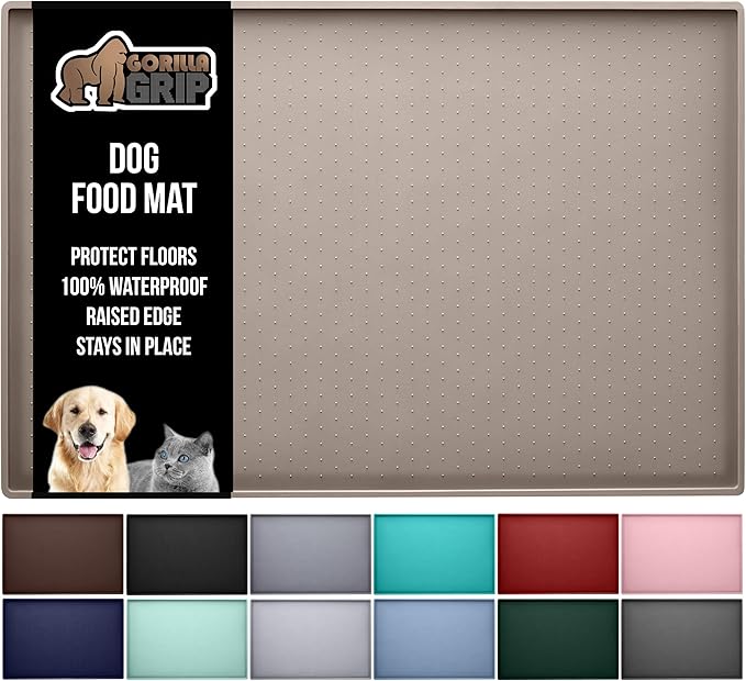 GORILLA GRIP 100% Waterproof Raised Edge BPA Free Silicone Pet Feeding Mat, Dog Cat Food Mats Contain Spills Protects Floors, Placemats for Cats and Dogs Water Bowl, Pets Accessories 23x15 Beige