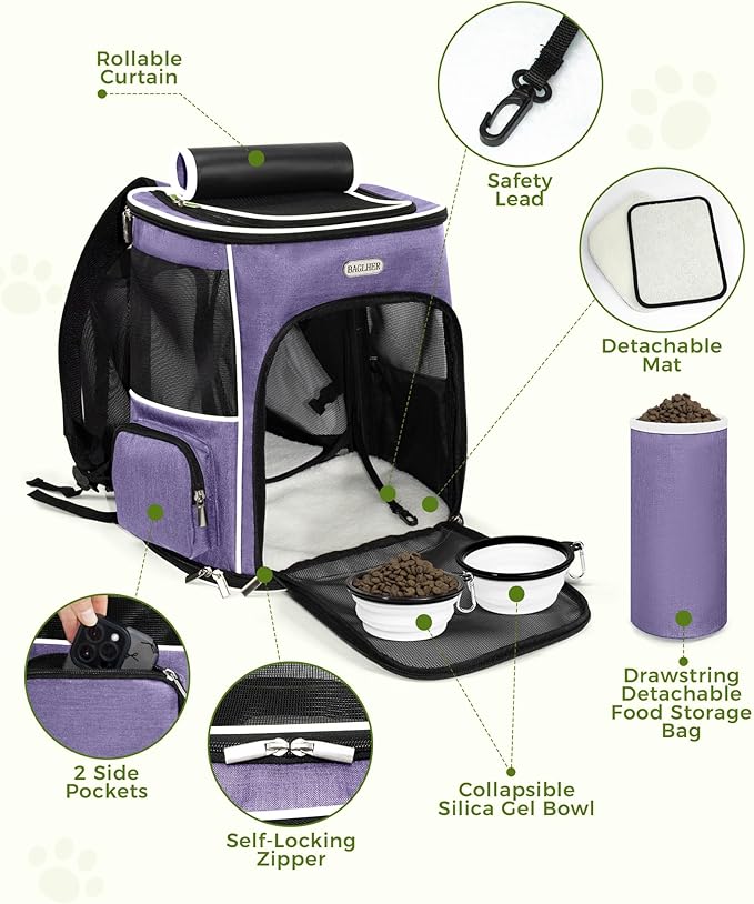 BAGLHER Expandable Cat Carrier Backpacks, Retractable Pet Carrier Backpack for Small Dogs & Cats with Breathable Mesh, Travel Bag Up to 18 Lbs for Hiking Camping Outdoor - Purple