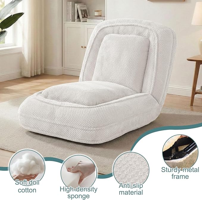 Human Dog Bed for Adults & Pets, 5-Position Adjustable Floor Chair, Convertible Lazy Sofa Bed with Metal Frame & 2 Pillows, Plush Gaming Lounge for Living Room Bedroom Office (White)