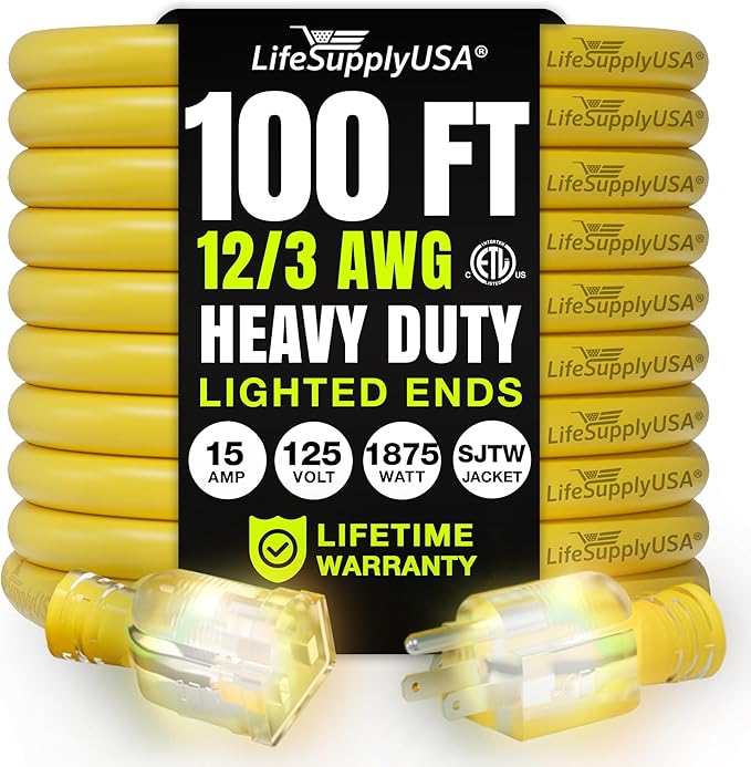 100ft Outdoor/Indoor Extension Cord 12/3 Gauge Extra Heavy Duty 3 Prong SJTW, Waterproof, ETL Listed, Flexible Cold-Resistant Long Power Cord,15A 125V 1875W, Yellow by LifeSupplyUSA