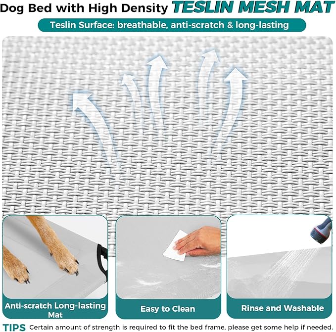Windproof Elevated Dog Bed with Canopy & Stakes, 3-Sided 90% UV Block, Chew-Proof Teslin Mesh Mat for Large Dogs up to 150lbs(Grey X-Large)