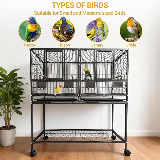 43'' Wrought Iron Birdcage with Detachable Rolling Stand & Feeder, Large Bird Cage with Secure Lock & Slide-Out Tray, Indoor Outdoor Bird Cage on Wheels,Parrot Cages for Parakeets, Pigeons, Black
