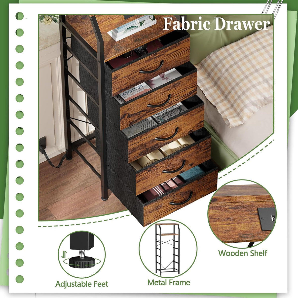 Furnulem 5 Drawers Dresser with Charging Station, Tall Nightstand, Brown