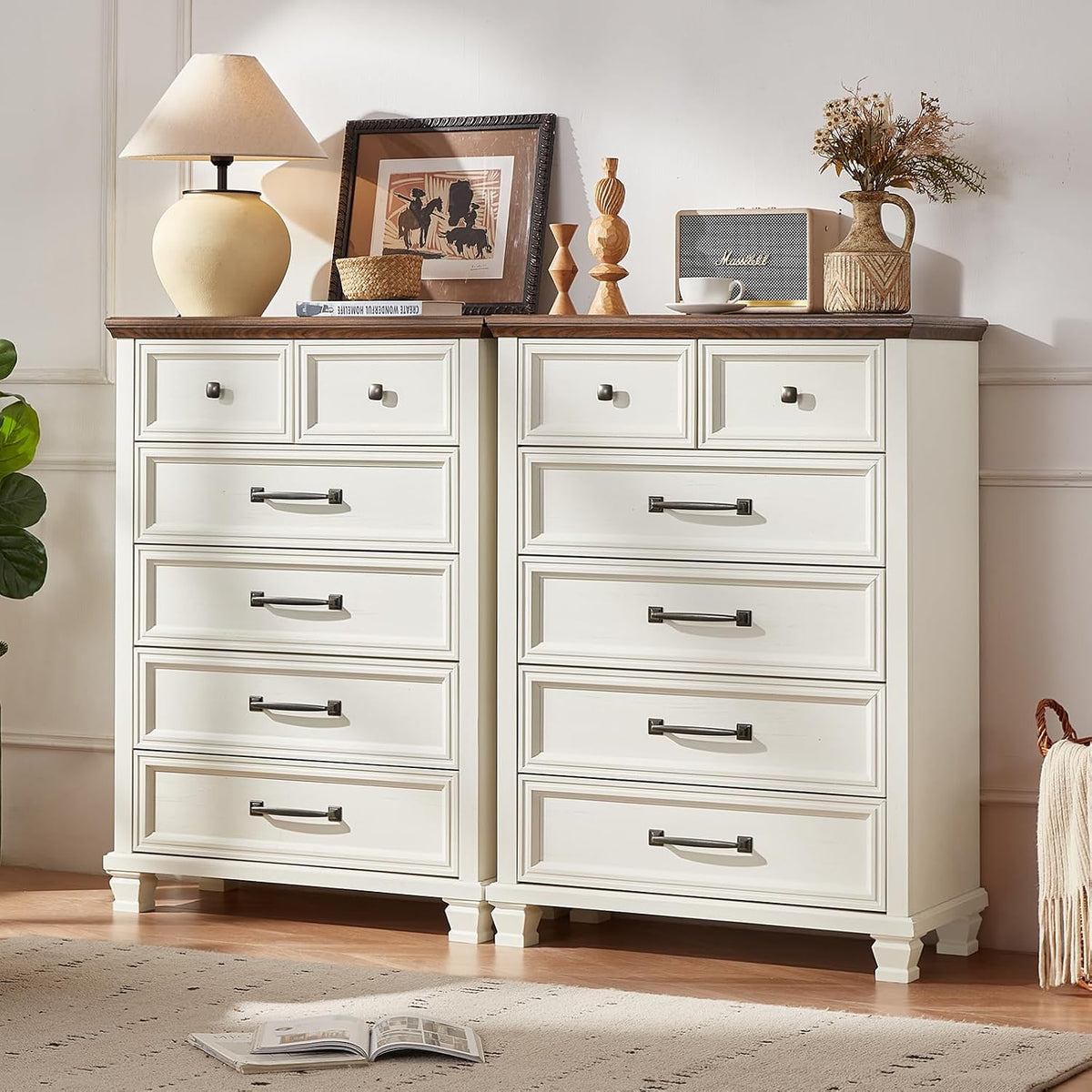 SAVOR LIFE Farmhouse 6 Drawer Dresser for Bedroom, 45 Inch Tall Vintage Wood Chest of Drawers, Rustic Dressers w/Square Wooden Legs, Mid-Century Storage Organizer for Living Room, Hallway, White