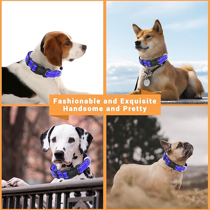 2 Pack Reflective Dog Collar with Safety Locking Buckle, Adjustable Soft Breathable Comfortable Nylon Pet Collar for Small, Medium and Large Dogs, Navyblue, S