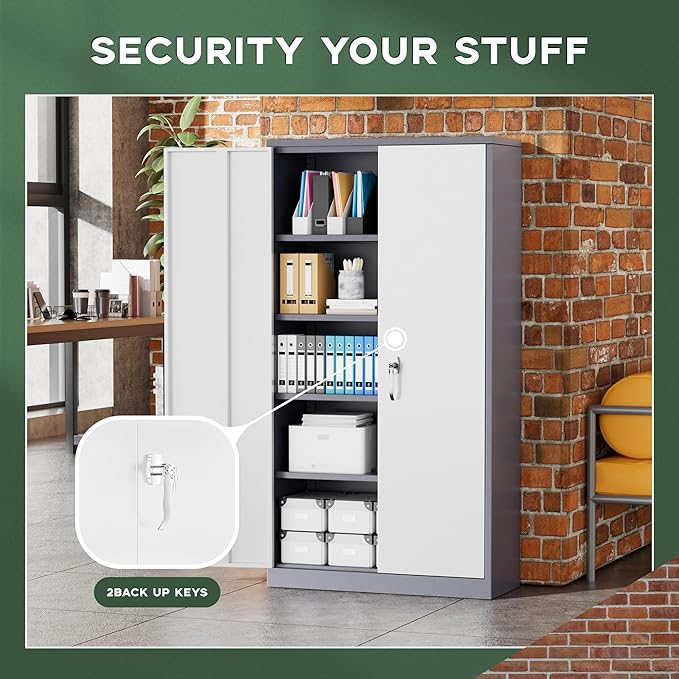 Greenvelly Metal Storage Cabinet with 2 Doors and 4 Adjustable Shelves, Lockable Steel Tool Cabinet for Home, Office, Garage, Classroom (Grey White)