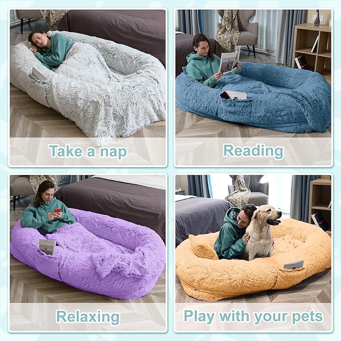 YAEM Human Dog Bed for Adult and Pets - 71"x45"x12" Dogs Beds for Humans with Washable Faux Fur Cover, Plump Pillow, Blanket, Orthopedic Design, Strap-Purple