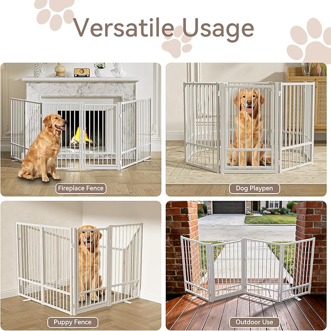 Full Metal Freestanding Dog Gate with Door, 32''Height Foldable Pet Dog Fence for Indoor & Outdoor, 6 Panels Extra Wide Free Standing TallDog Gates for Doorways,House,Stairs,Porch,Deck,Yard