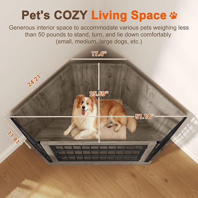 Corner Dog Crate Furniture with 2-Tier Shelves，51" Large Dog Kennel Indoor Wooden TV Stand, Modern Dog Cage Decorative Pet House