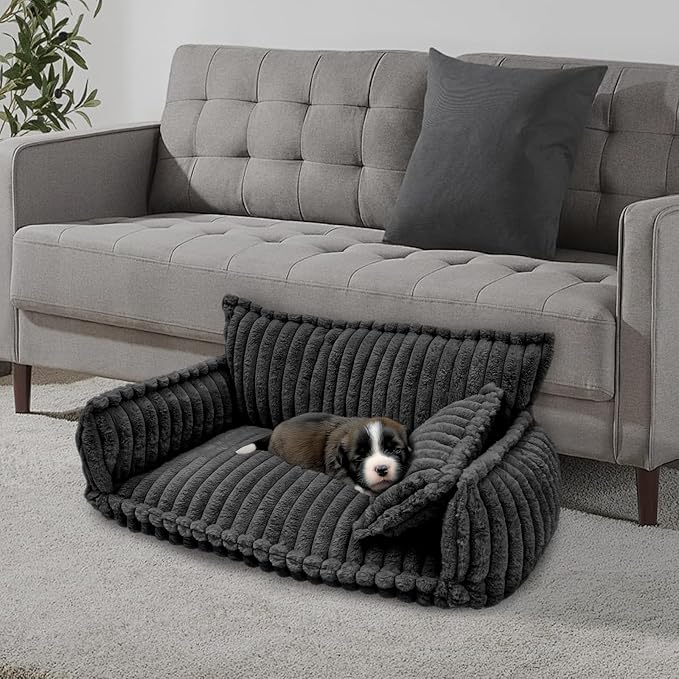 Pet Couch Calming Bed, Pet Couch with Removable Washable Cover, Plush Pets Sofa for Indoor Use, Supportive Orthopedic Dog Bed (Dark Grey)