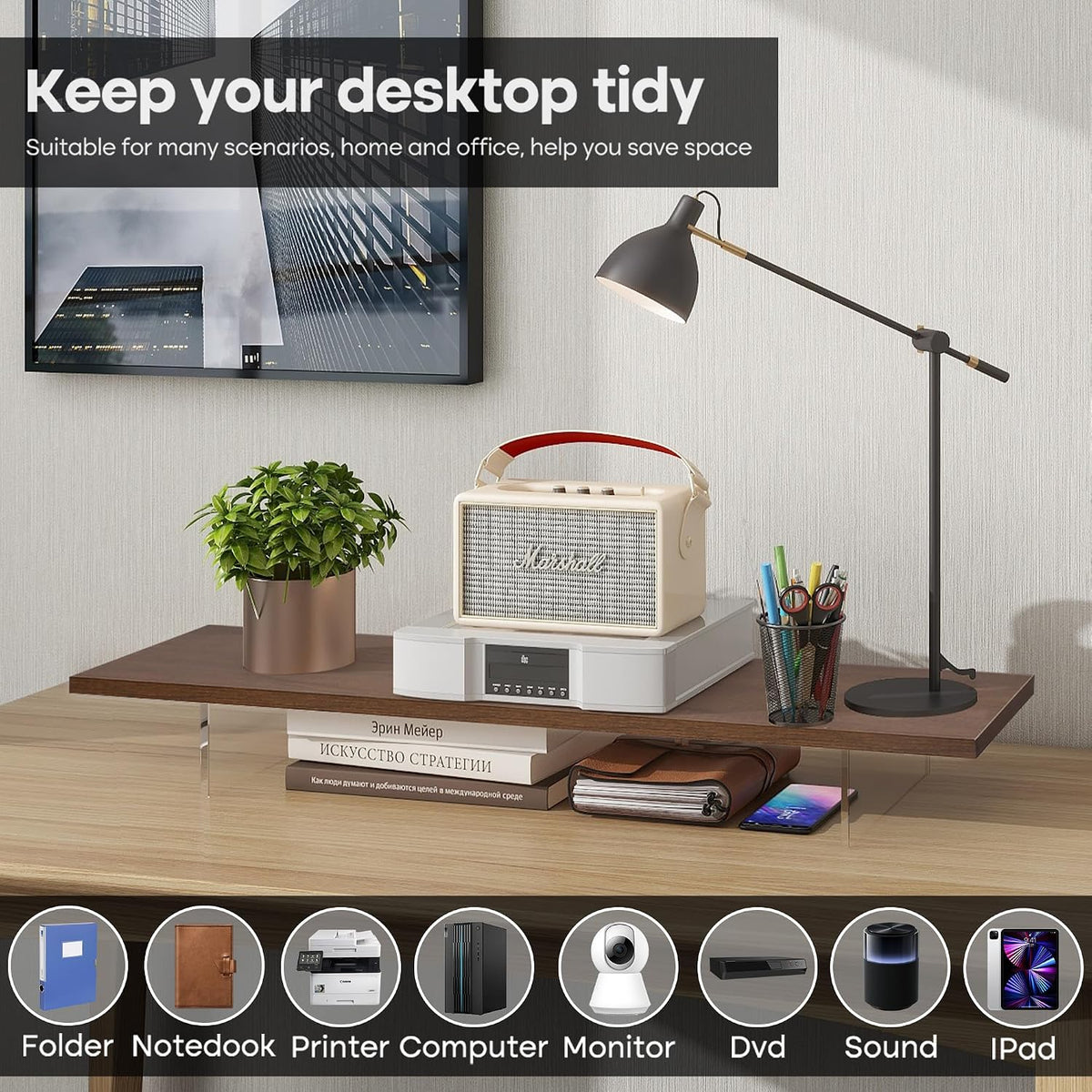 Monitor Stand Riser,Wood & Acrylic Computer Monitor Stand with LED Strip Light,Desk Accessories Desktop Organizer Stand for Computer,Laptop,Printer,PC & TV Screen