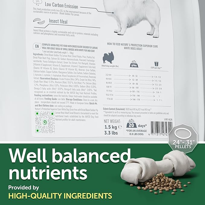 Nature's Protection Superior Care White Dogs Grain-Free Dry Dog Food - High Protein, Tear Stain Remover Dog Food for Small & Mini Breeds Light Coated Adult Dogs, Fresh Pet Meal, Insects, 3.3 lb
