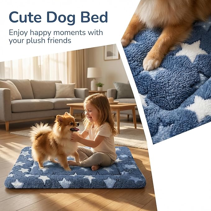 Dog Bed Mat - Reversible Dog Crate Bed Mats, Soft & Breathable Kennel Pad, Durable Crate Bed for Small Dogs & Cats (Navy&Stars, S(24"*16"*1.2"))
