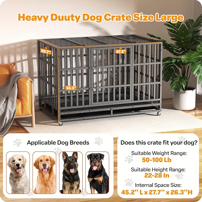 48 Inch Heavy Duty Dog Crate, Indestructible Escape-Proof Dog Kennel for High Anxiety Large Dogs, Strong Metal Pet Cage with Double Doors, Lockable Wheels & Removable Tray, XL XXL XXXL