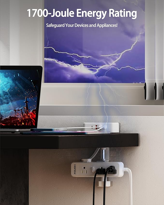 Dual Layer Desk Clamp Power Strip（White）, Desktop Edge Mount Charging Station with 13 Outlets 4 USB Ports (2 USB C), Under Desk Surge Protector(1700 Joules), 10 Ft Extension Cord for Office