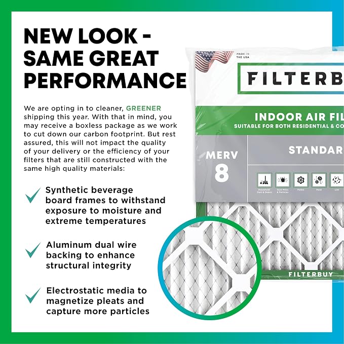 Filterbuy 20x25x5 Air Filter MERV 8 Essential Dust & Allergy Defense, Pleated